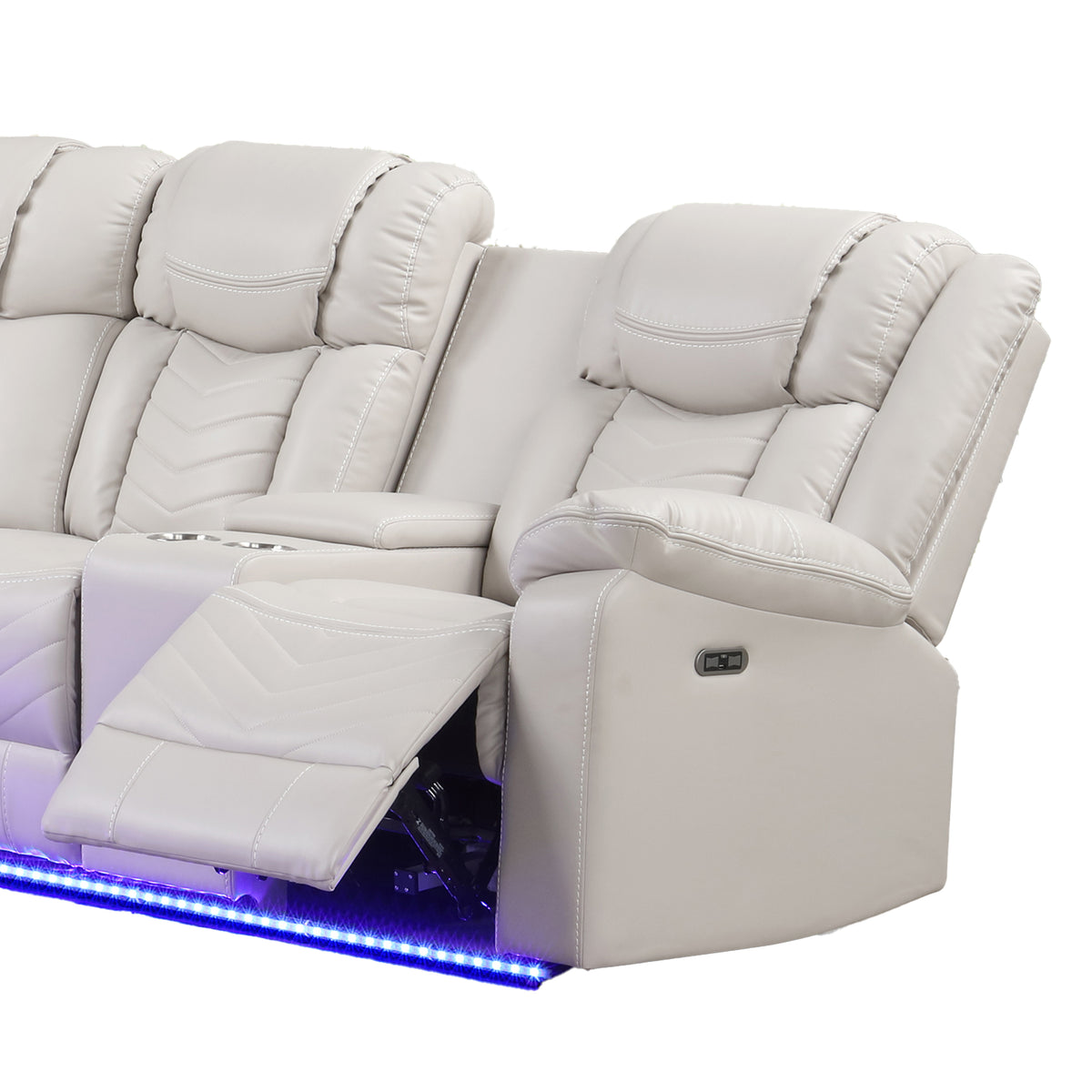 Challenger Ice Sectional. Challenger ice sectional end-seat and console details. Additional product view.