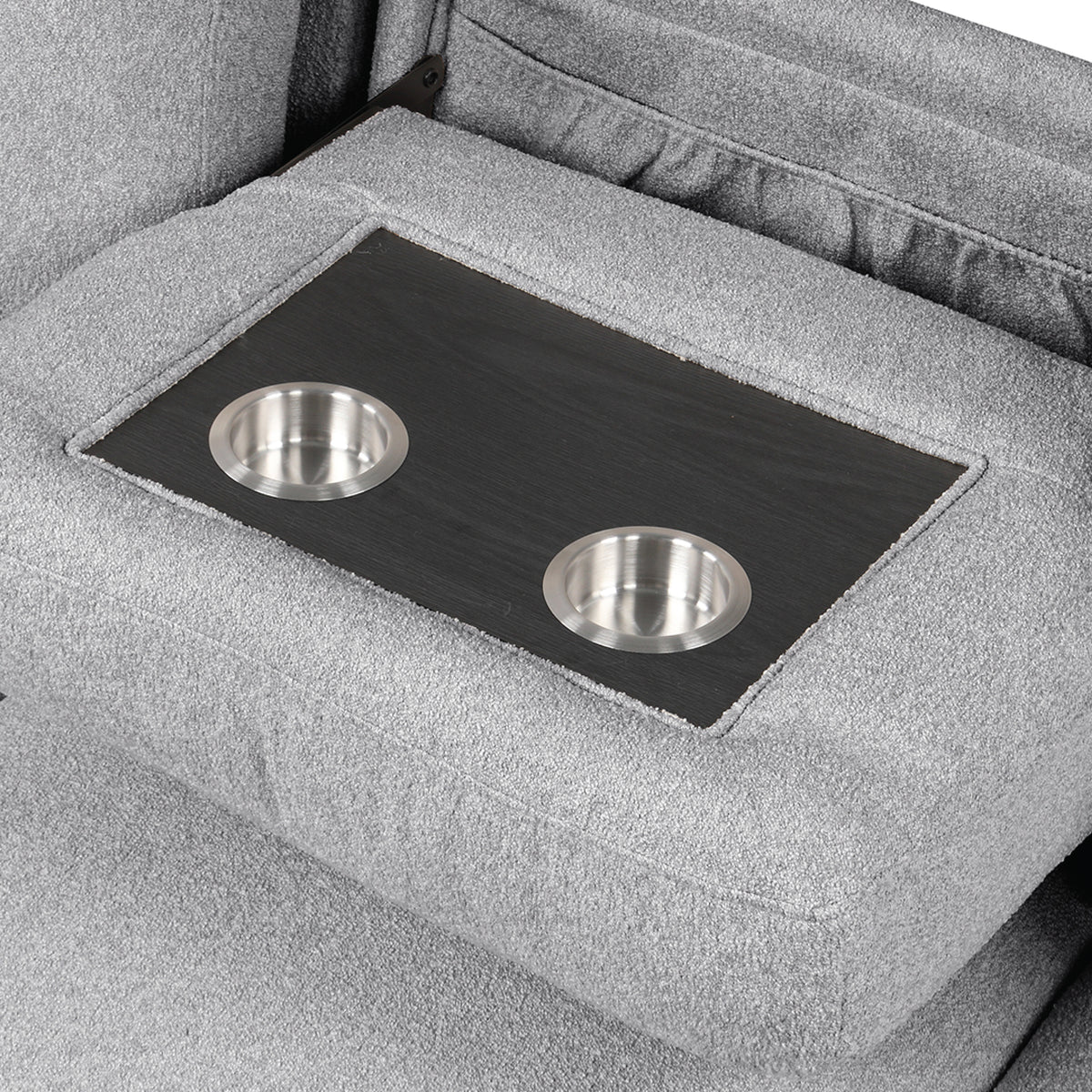 Cairo Gray Sectional. Cairo gray sectional chaise/storage/shelf/cupholder detail. Additional product view.