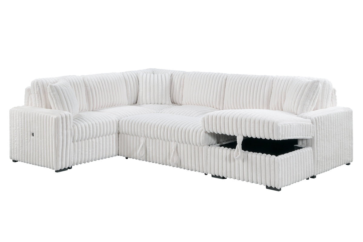 Grande Cream Sectional. Grande cream complete sectional with right chaise; open and closed views. Additional product view.