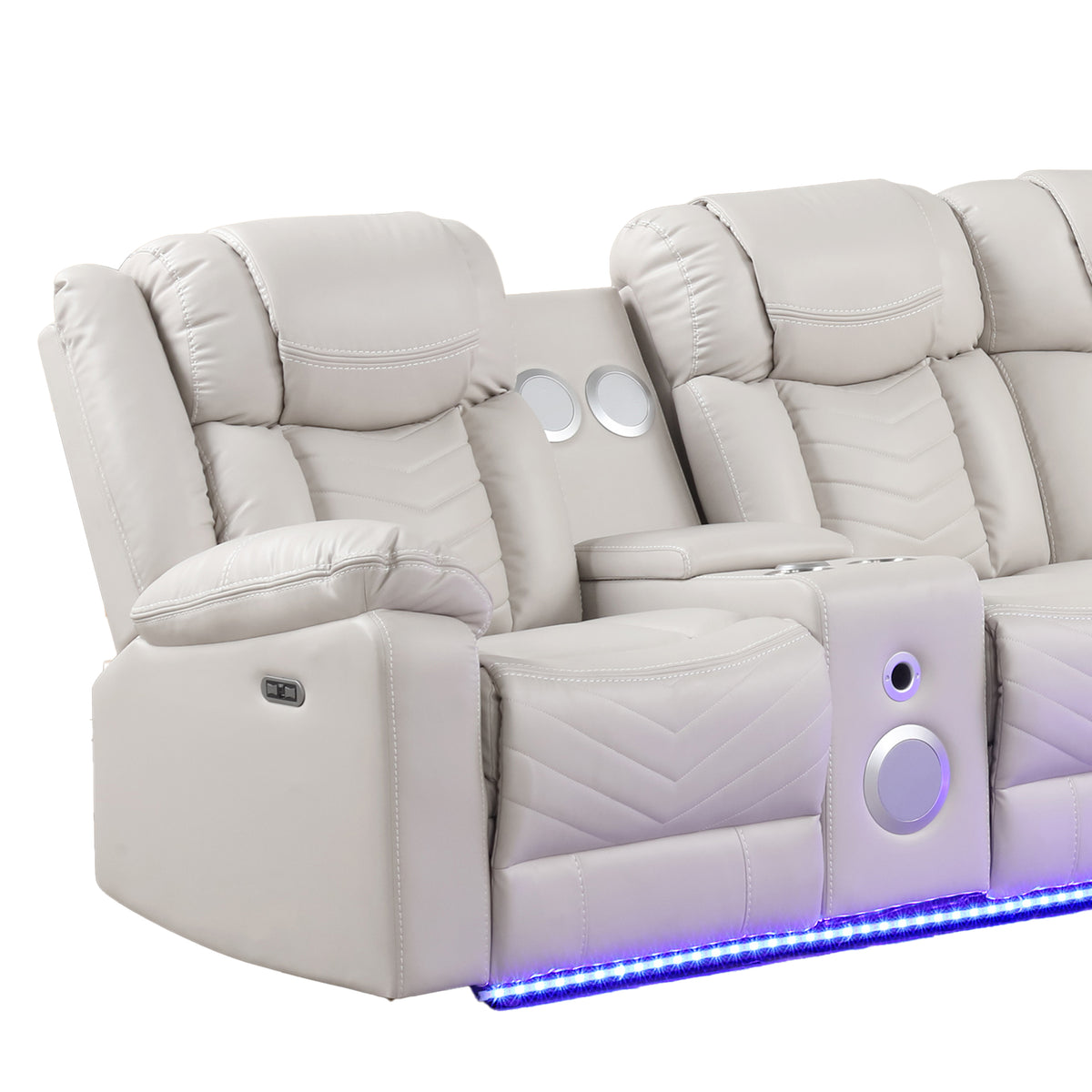 Challenger Ice Sectional. Challenger ice sectional end-seat and console details. Additional product view.