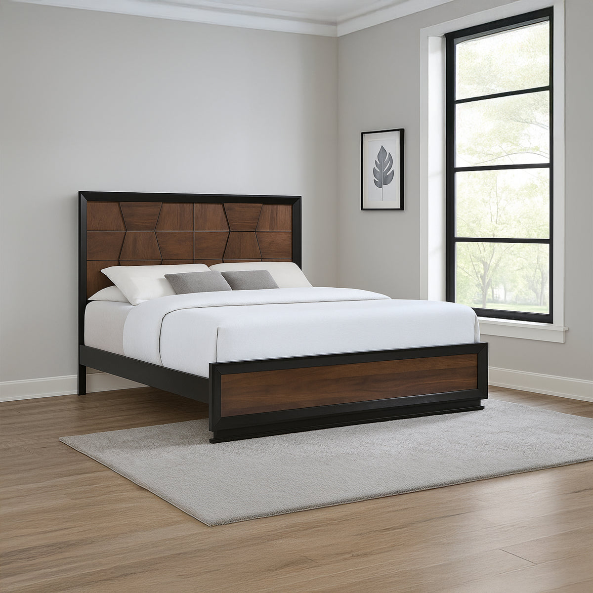 Houston Walnut Bed - staged bed. Shared supplier photo; photographed size is not verified.