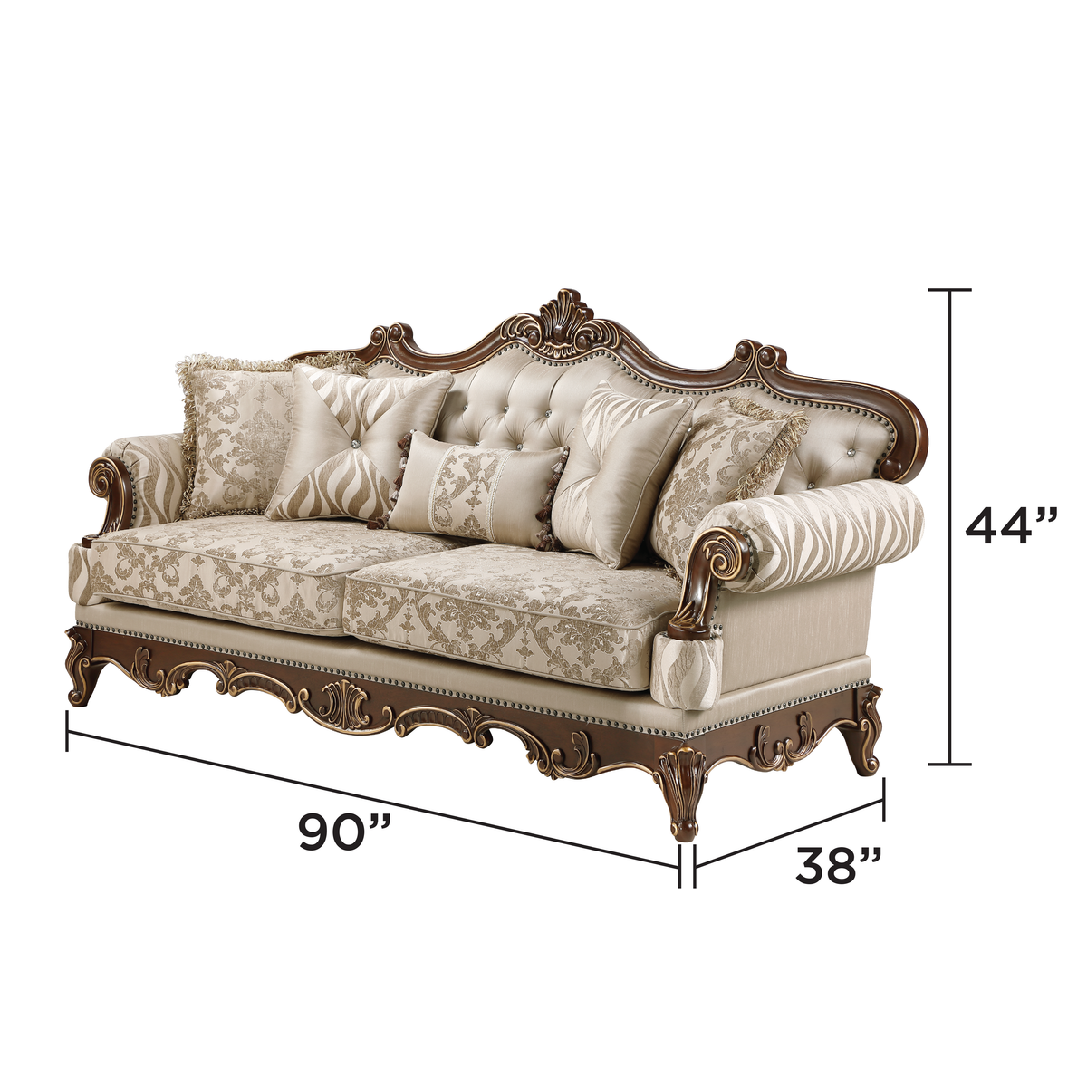 Lotus Beige and Walnut-Tone beige/walnut-tone sofa - supplier dimension image.