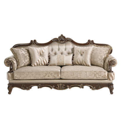 Lotus beige/walnut-tone sofa.