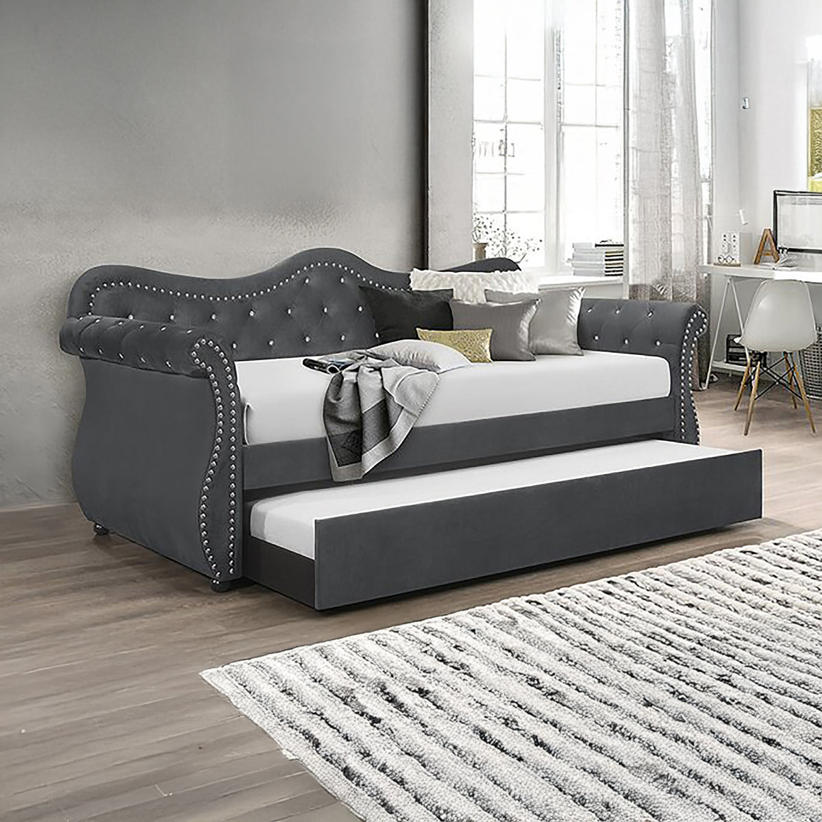 Abby Gray Daybed - bed detail. Shared supplier photo; photographed size is not verified.