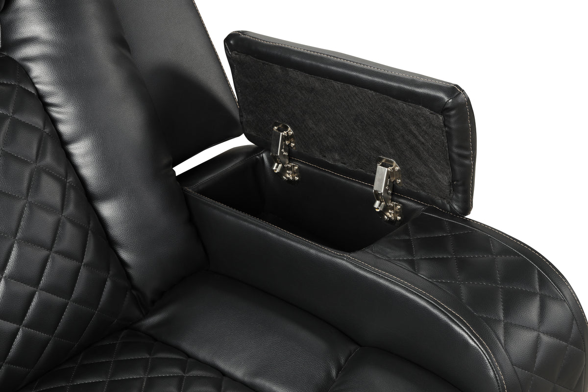Benz Black Power Reclining Chair. Benz black chair control, storage, headrest, or lighting detail. Additional product view.