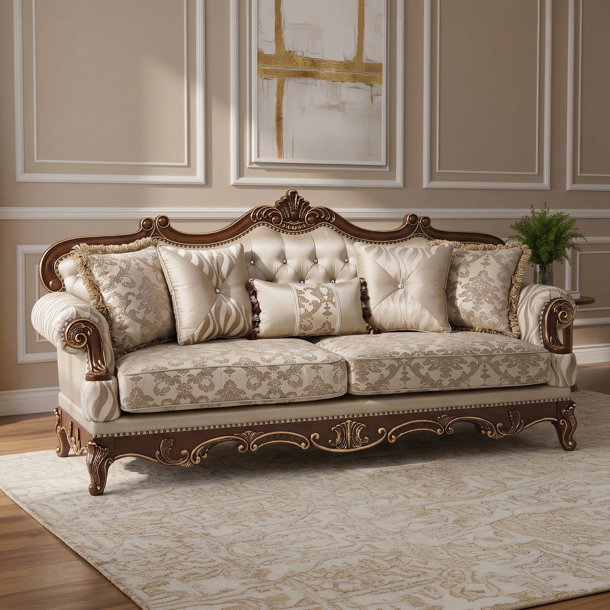 Lotus Beige and Walnut-Tone Sofa pictured.