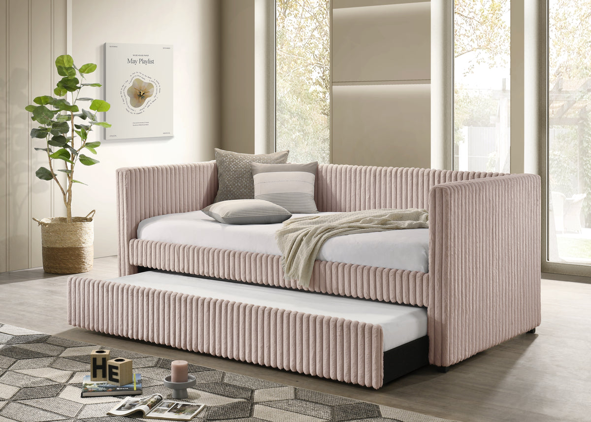Cody Pink Daybed - staged daybed hero. Shared supplier photo; photographed size is not verified.