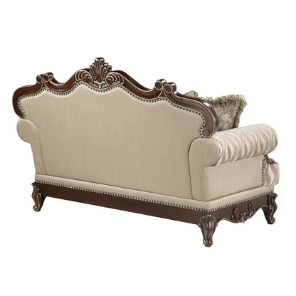 Lotus beige/walnut-tone loveseat rear.