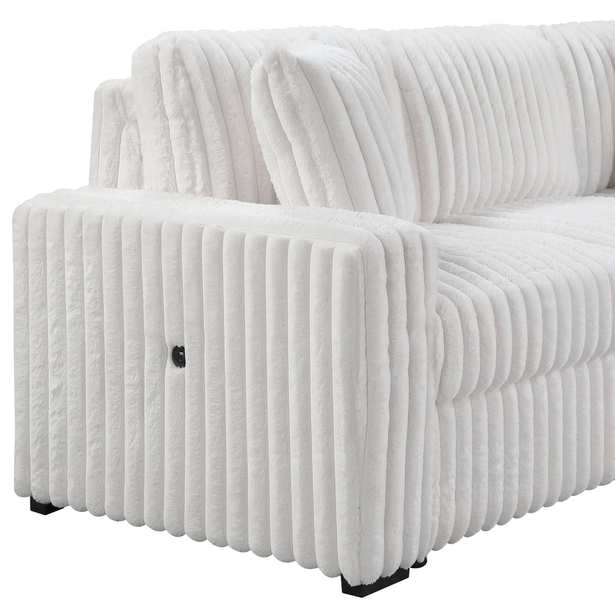 Grande Cream Sectional. Grande cream sectional upholstery, storage and arm details. Additional product view.