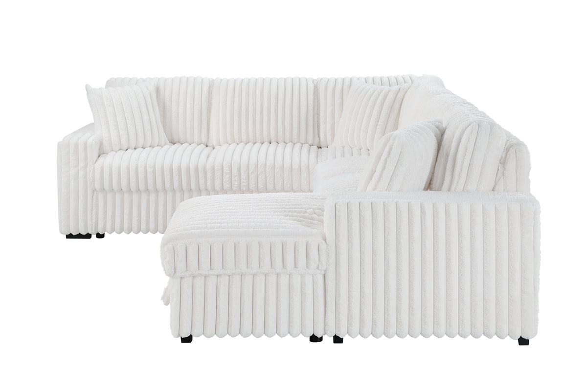 Grande Cream Sectional. Grande cream complete sectional with right chaise; open and closed views. Additional product view.