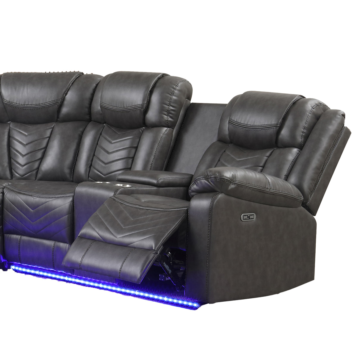 Challenger Gray Sectional. Challenger gray sectional end-seat and console details. Additional product view.