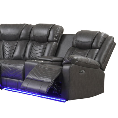 Challenger Gray Sectional. Challenger gray sectional end-seat and console details. Additional product view.