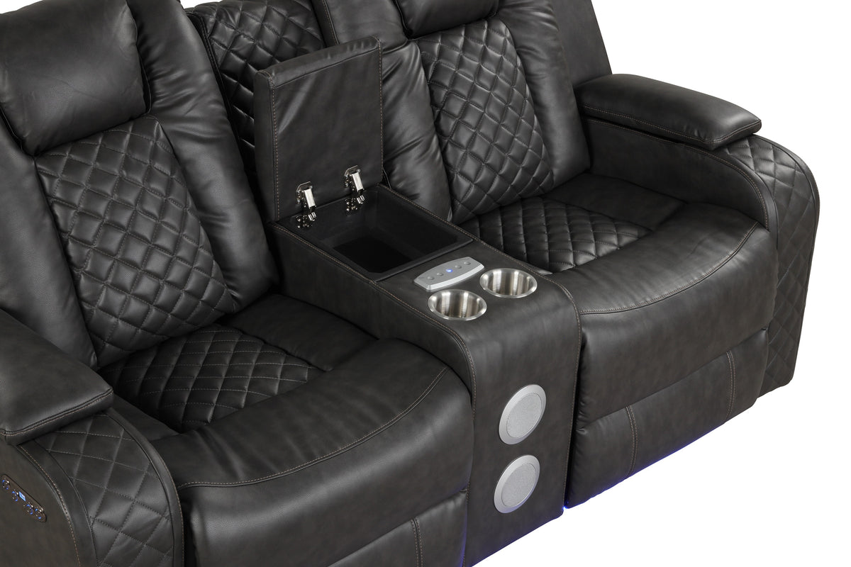 Benz gray loveseat console/storage.