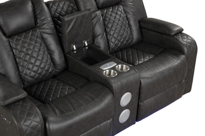 Benz gray loveseat console/storage.