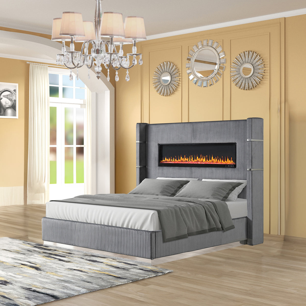 Lizelle Gray Bed - bed detail. Shared supplier photo; photographed size is not verified.