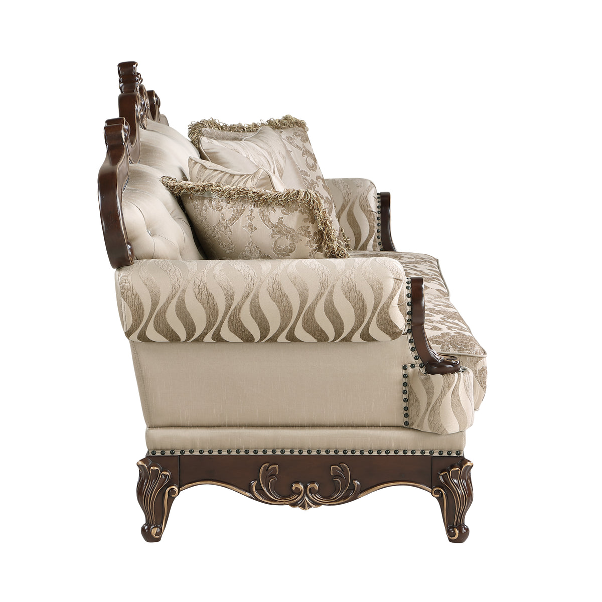 Lotus beige/walnut-tone sofa.