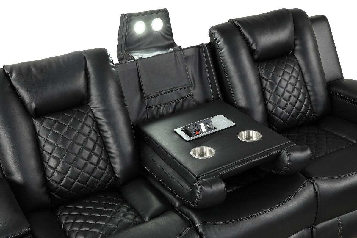 Benz black sofa drop-down center detail.