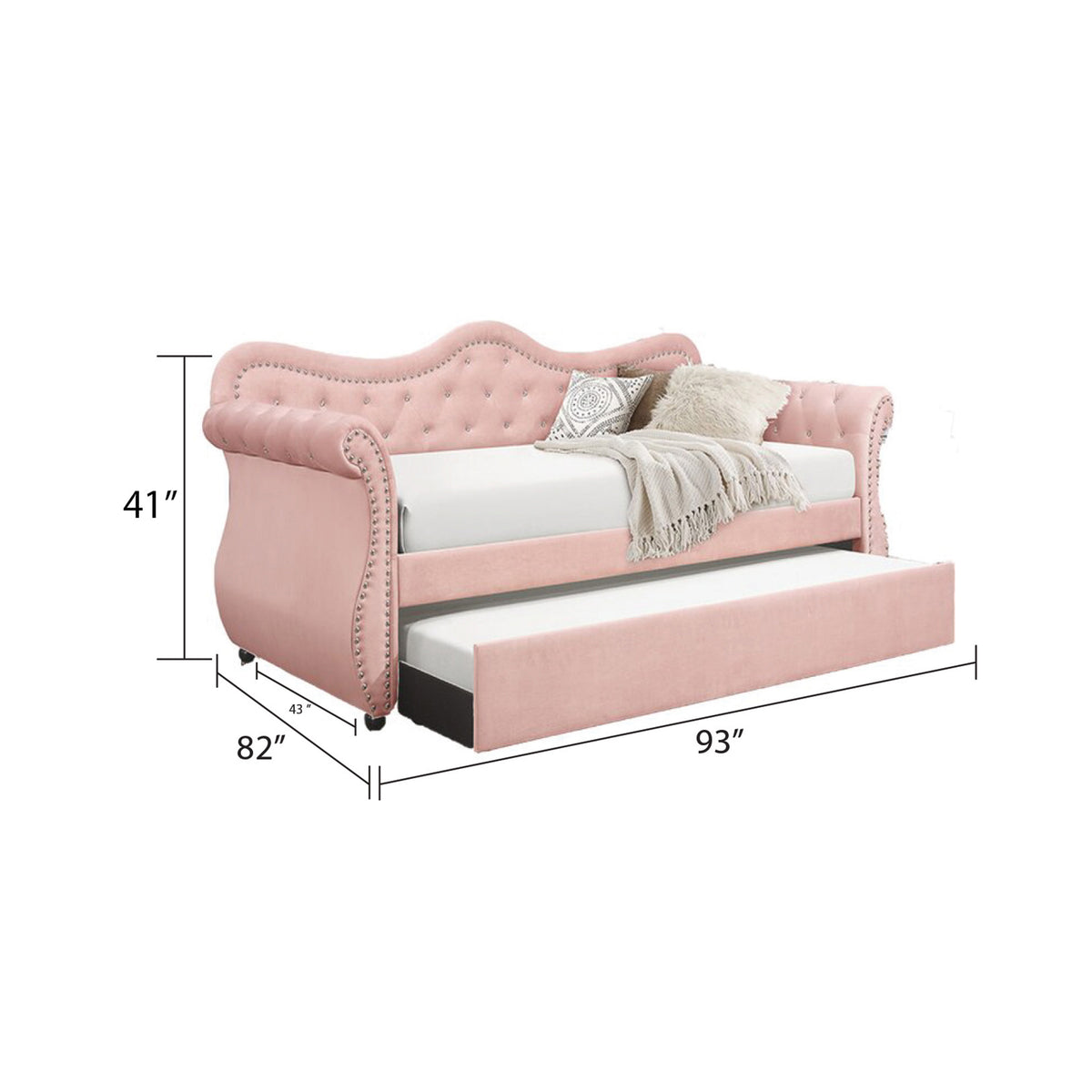 Abby Pink Daybed - Twin bed dimension diagram; for Twin size only.