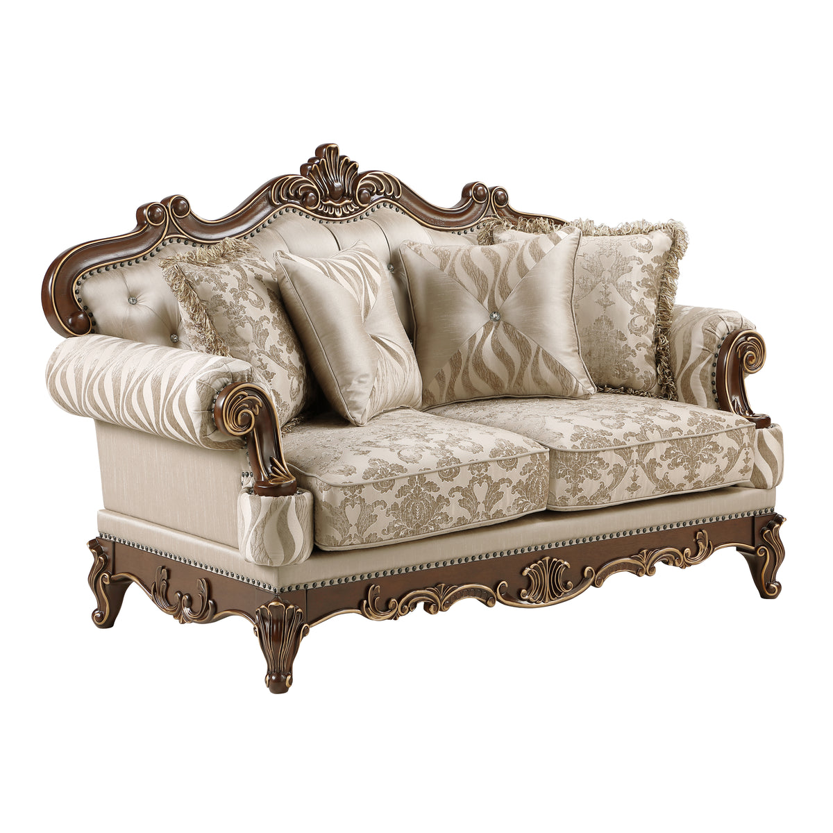 Lotus beige/walnut-tone loveseat.
