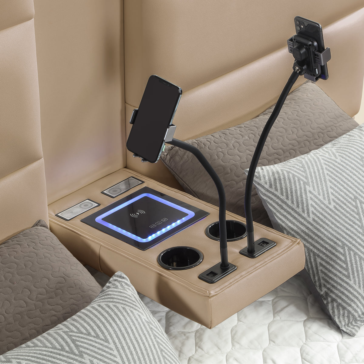 Futura Caramel Bed - bed detail. Shared supplier photo; photographed size is not verified.