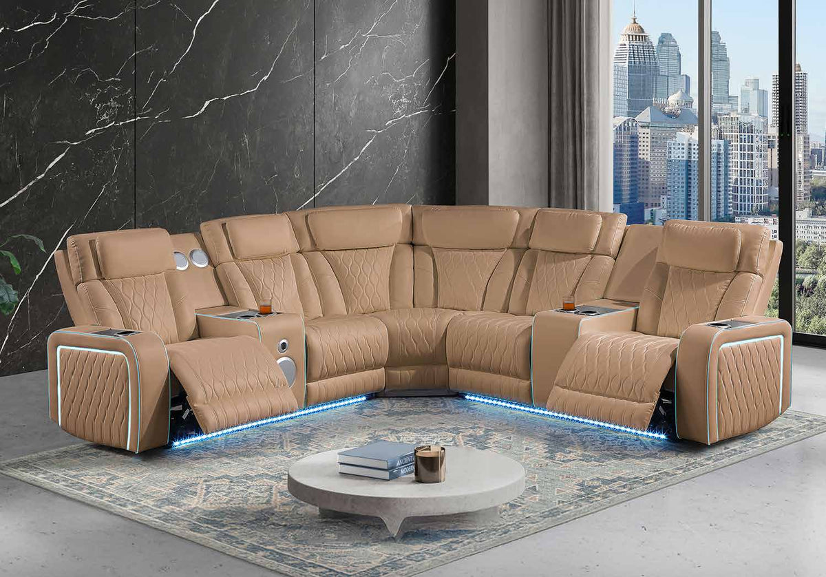 Electra Caramel sectional shown in a room setting.