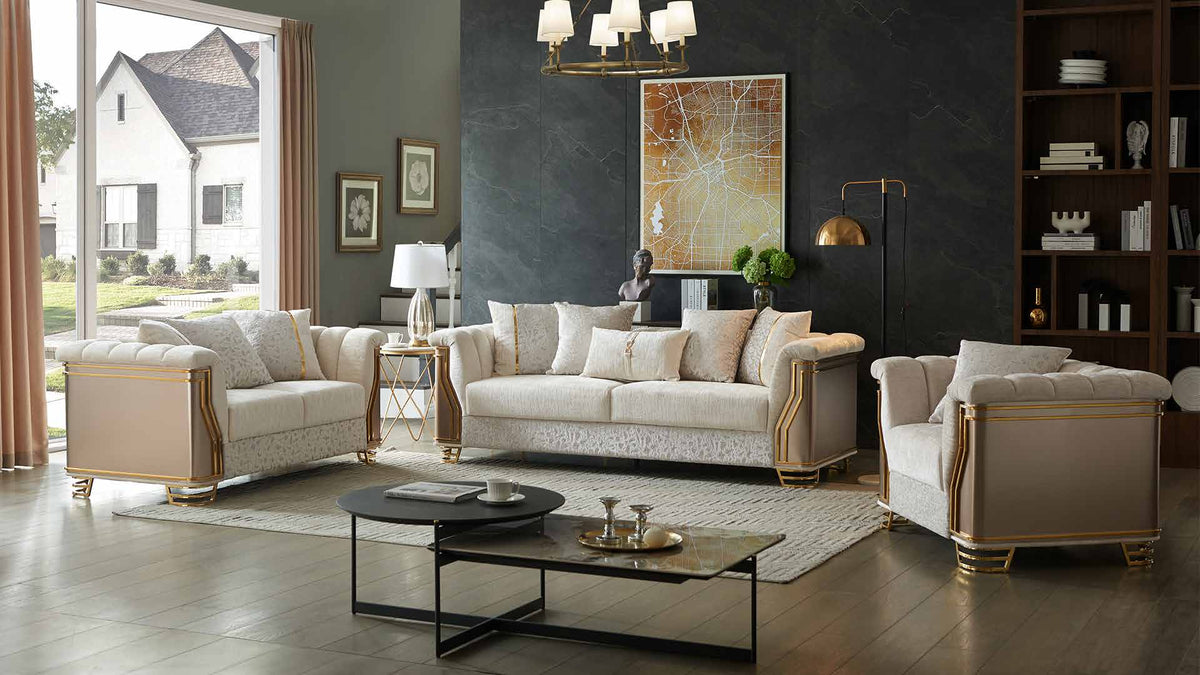 Chateau Cream collection room scene showing the chair at right, sofa at center and loveseat at left, with other room furniture and decorative accessories.