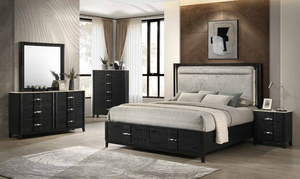 Opel Black room scene with storage bed, dresser, dresser mirror, chest and one nightstand. Photographed bed size is not verified.