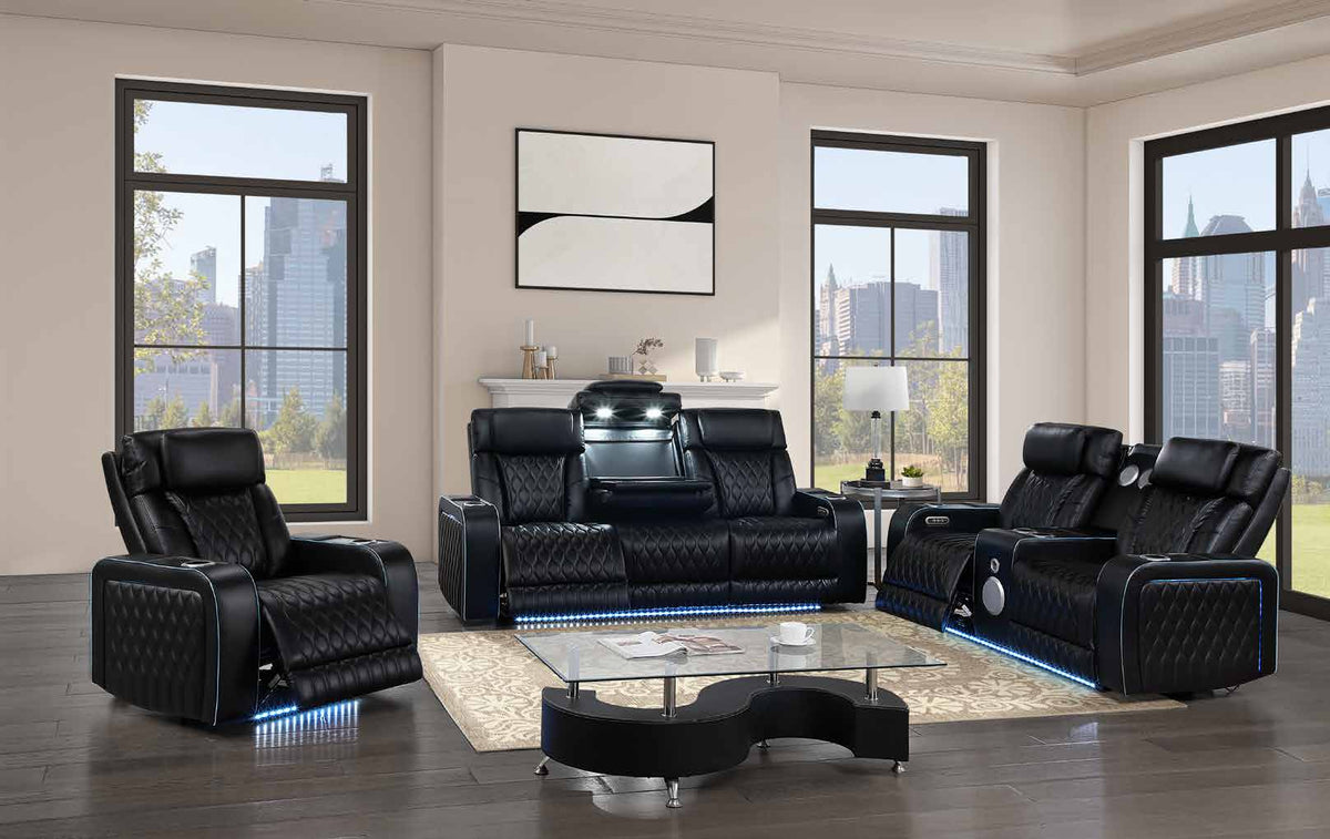 Electra Black collection room scene showing the chair at left, sofa at center and loveseat at right, with other room furniture and decorative accessories.