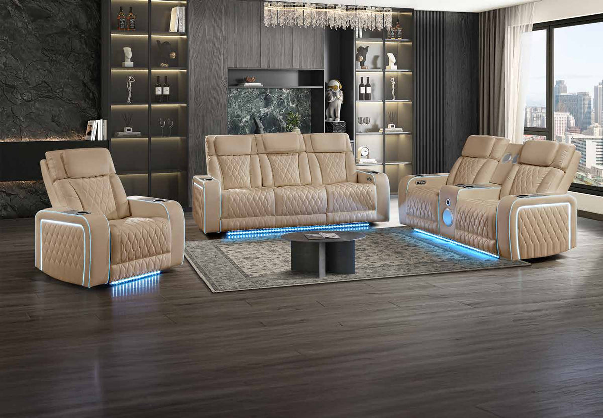 Electra Caramel collection room scene showing the chair at left, sofa at center and loveseat at right, with other room furniture and decorative accessories.