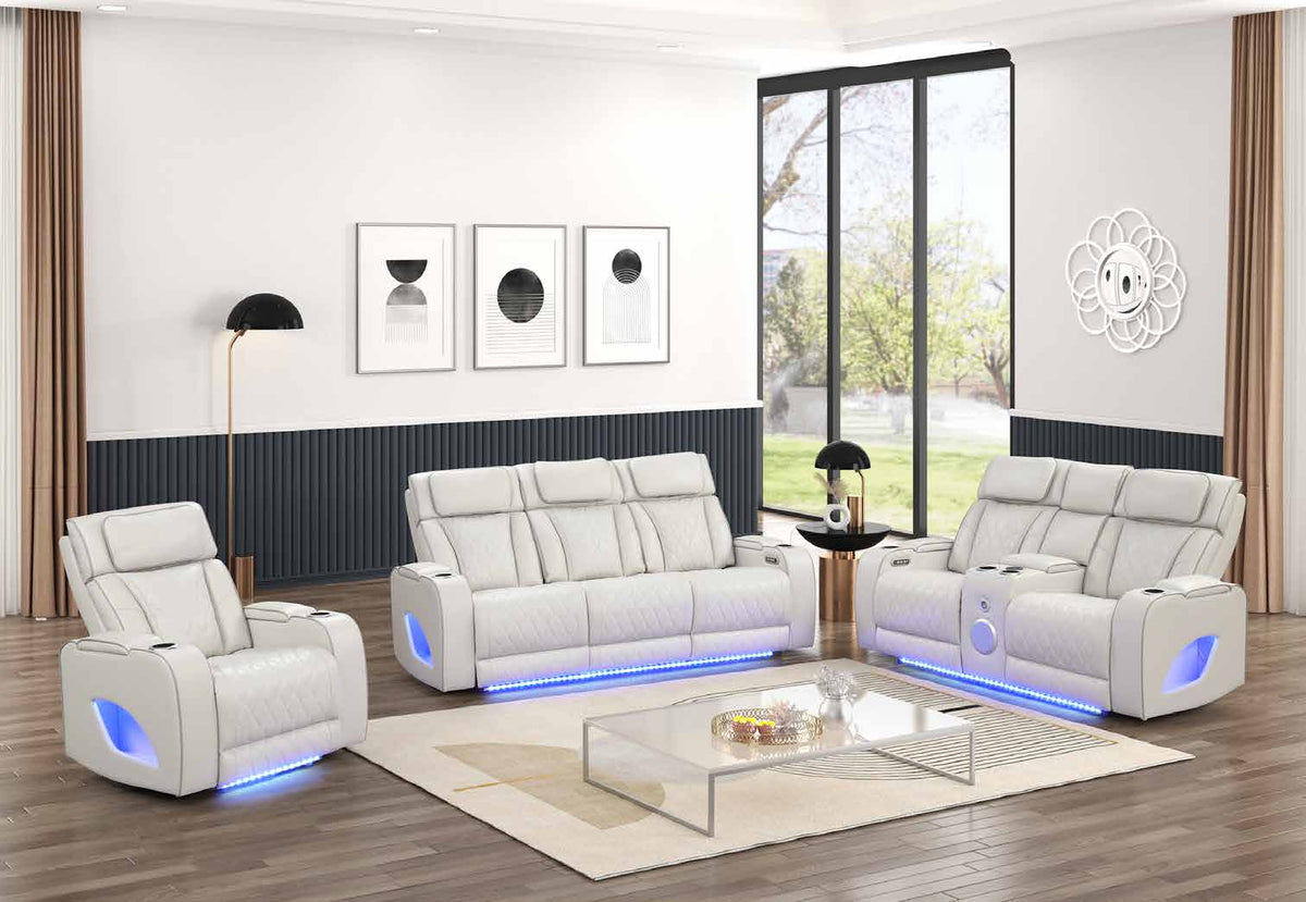Fortuner Ice collection room scene showing the chair at left, sofa at center and loveseat at right, with other room furniture and decorative accessories.