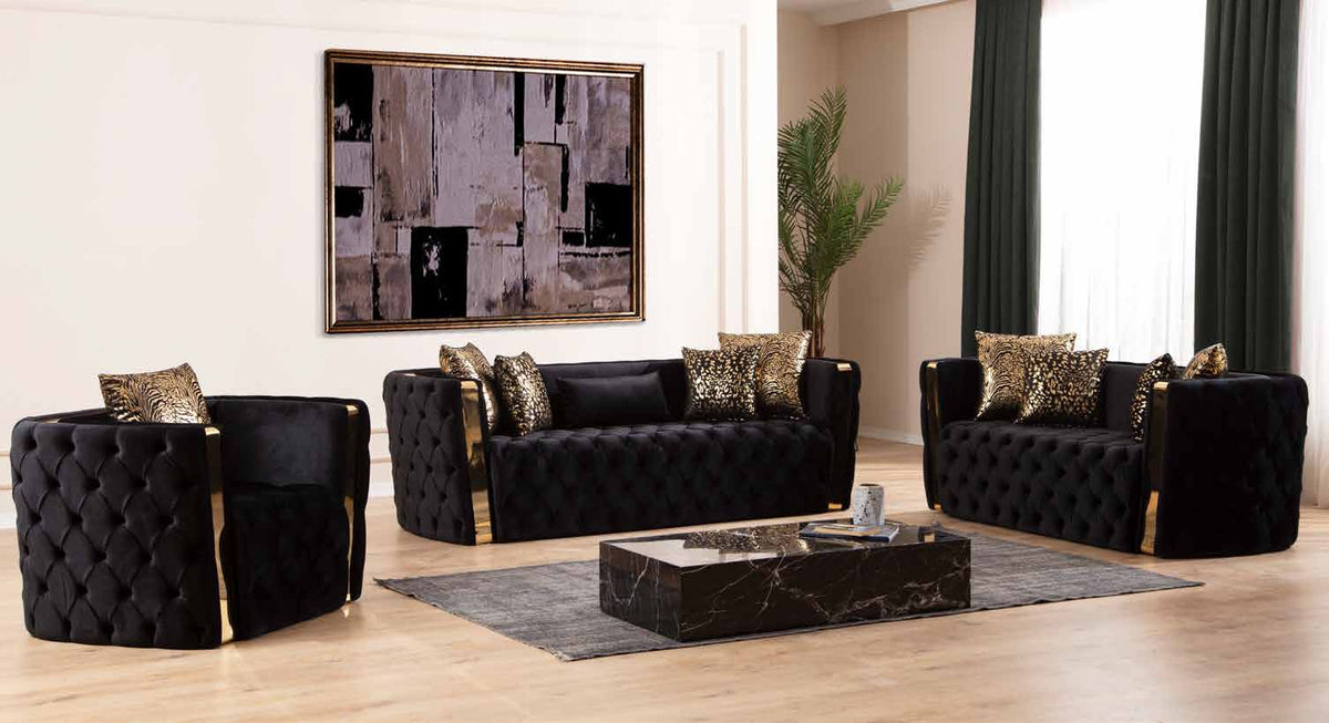 Naomi Black collection room scene showing the chair at left, sofa at center and loveseat at right, with other room furniture and decorative accessories.