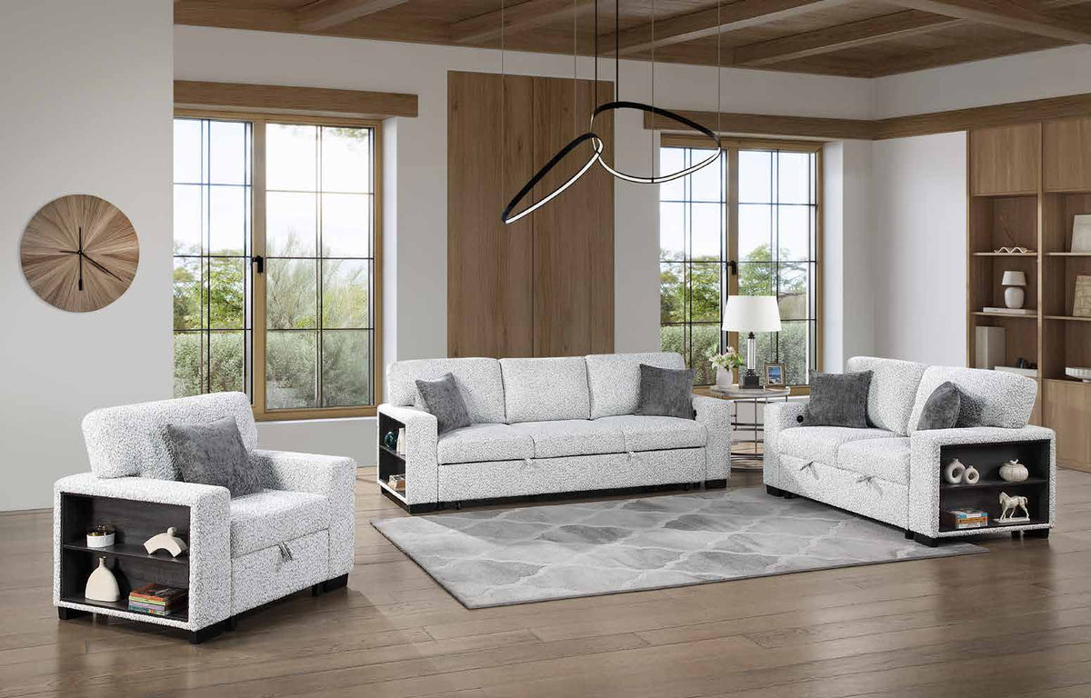 Prato Gray collection room scene showing the chair at left, sofa at center and loveseat at right, with other room furniture and decorative accessories.
