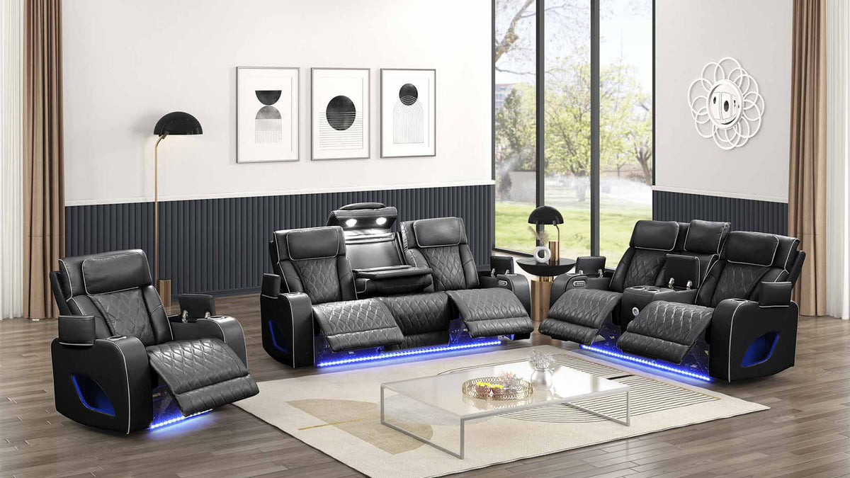 Fortuner Black collection room scene showing the chair at left, sofa at center and loveseat at right, with other room furniture and decorative accessories.