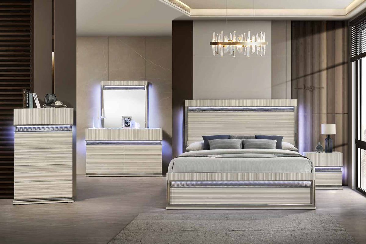 Leonor room scene with bed, dresser, dresser mirror, chest and one nightstand. Photographed bed size is not verified.