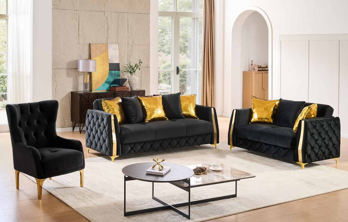 Lippa Black collection room scene showing the chair at left, sofa at center and loveseat at right, with other room furniture and decorative accessories.