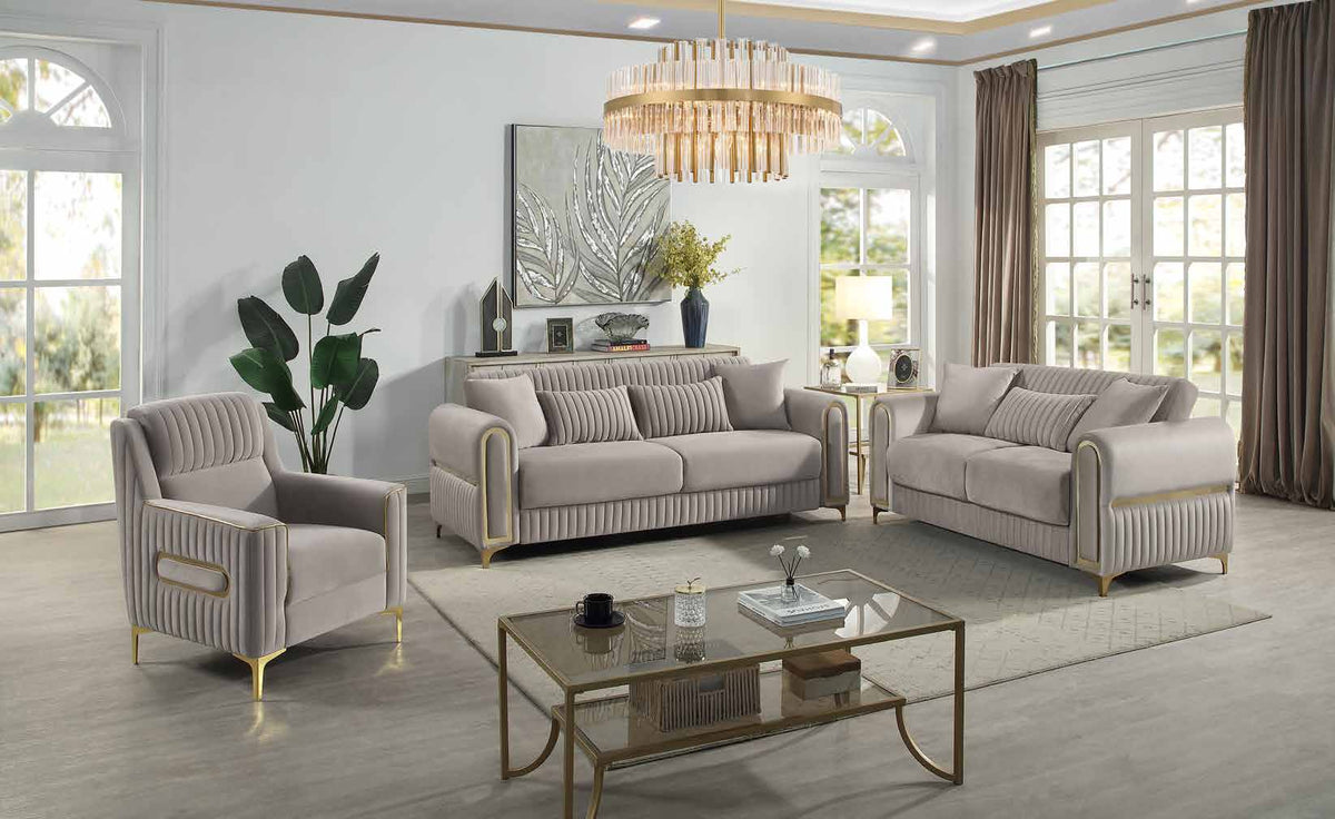 Ruby Taupe collection room scene showing the chair at left, sofa at center and loveseat at right, with other room furniture and decorative accessories.