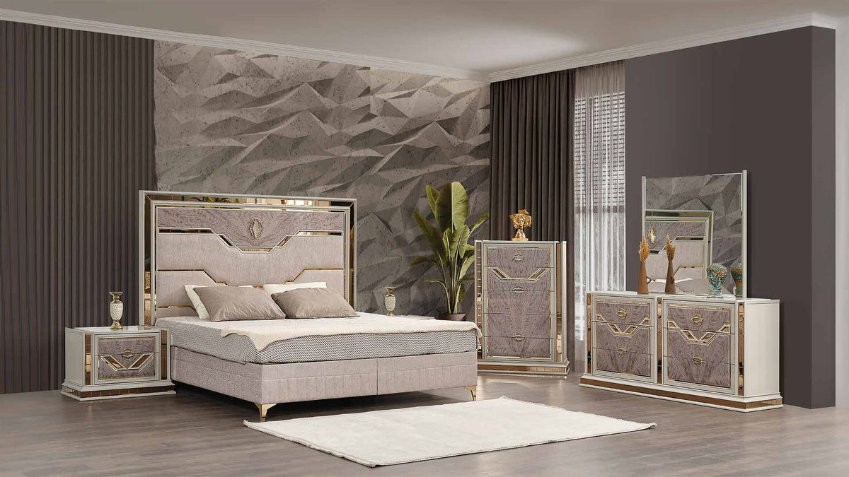 Omary Beige room scene with bed, dresser, dresser mirror, chest and one clearly visible nightstand. Photographed bed size is not verified.