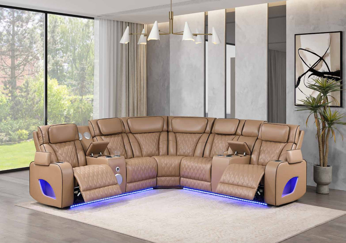 Fortuner Caramel sectional shown in a room setting.