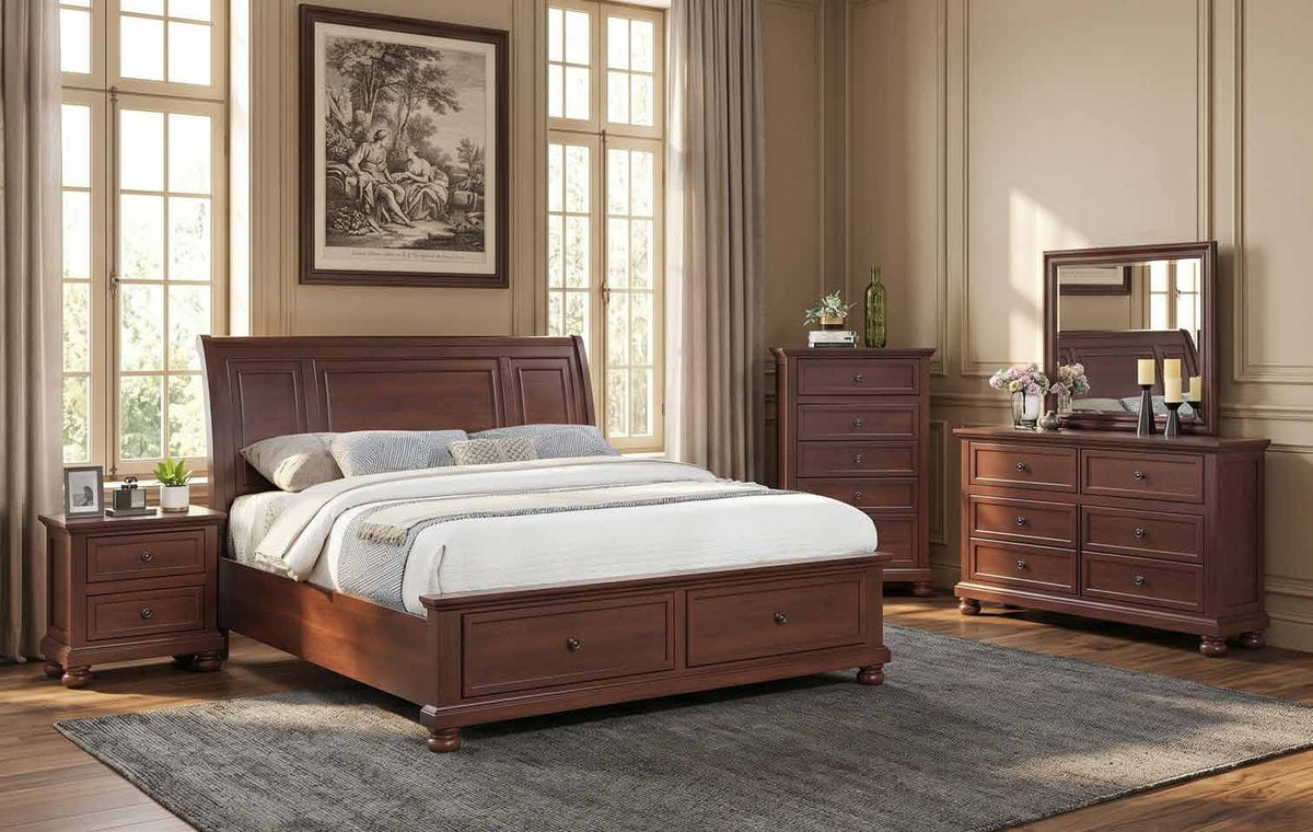Boston Walnut room scene with storage bed, dresser, dresser mirror, chest and one nightstand. Photographed bed size is not verified.