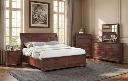 Boston Walnut room scene with storage bed, dresser, dresser mirror, chest and one nightstand. Photographed bed size is not verified.