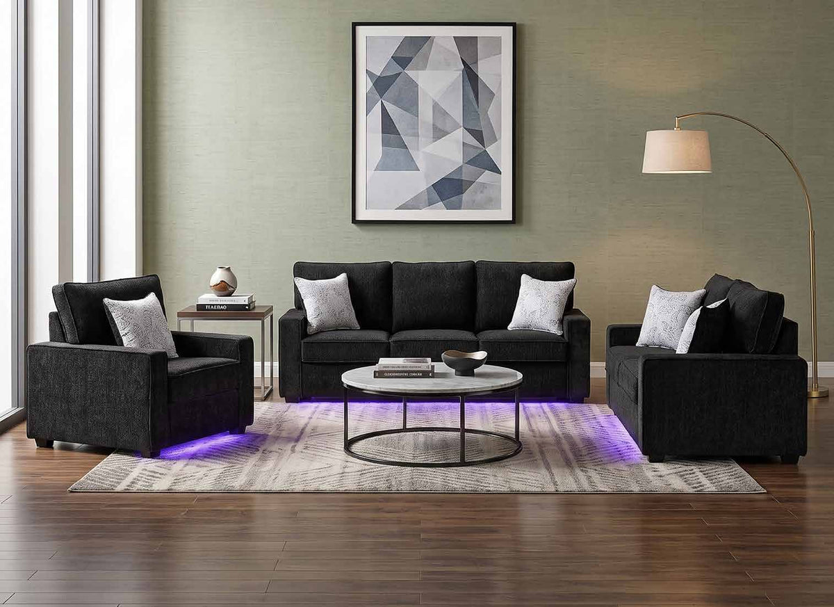 Rita Black collection room scene showing the chair at left, sofa at center and loveseat at right, with other room furniture and decorative accessories.