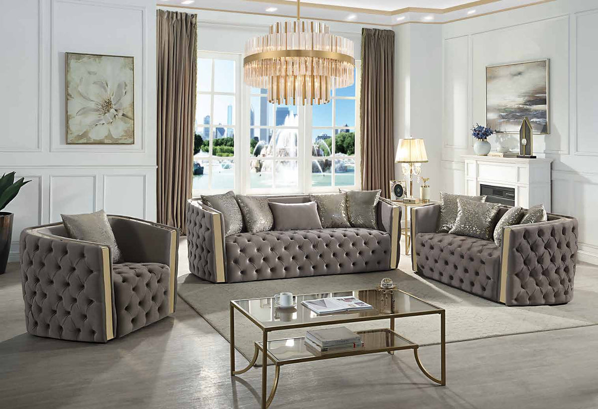 Naomi Taupe collection room scene showing the chair at left, sofa at center and loveseat at right, with other room furniture and decorative accessories.