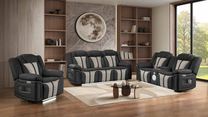 Cruiser Black / Gray collection room scene showing the chair at left, sofa at center and loveseat at right, with other room furniture and decorative accessories.