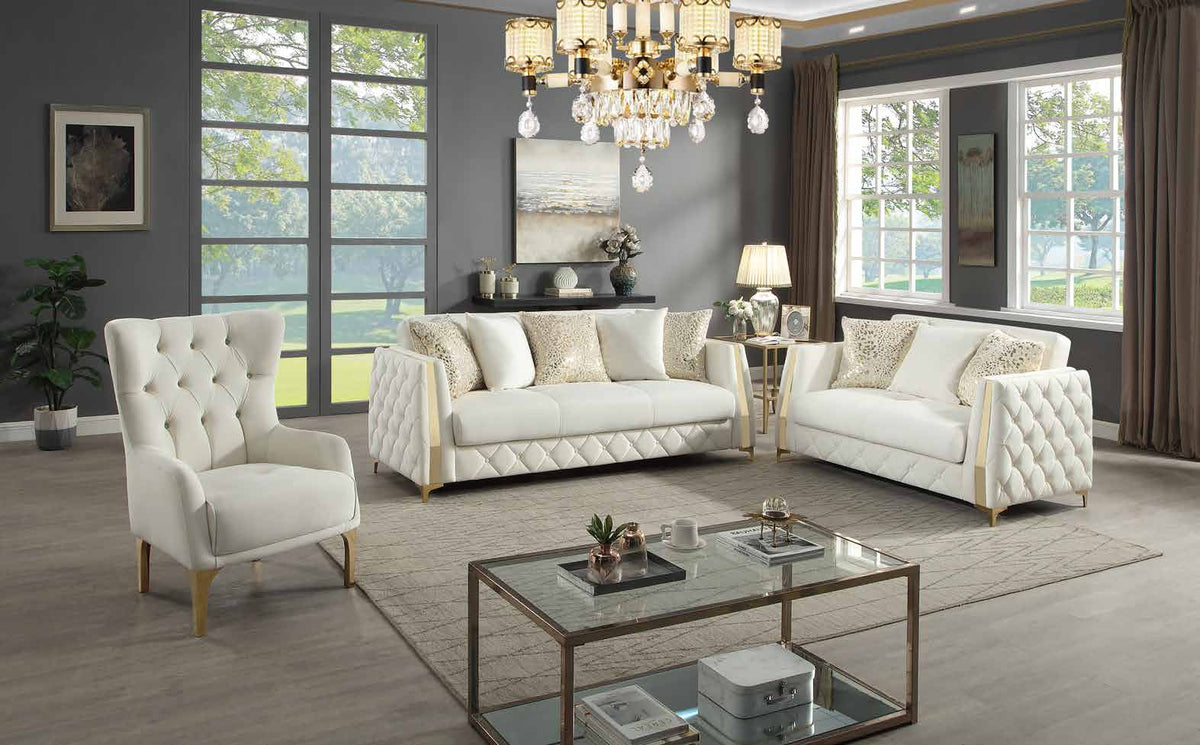 Lippa Off White collection room scene showing the chair at left, sofa at center and loveseat at right, with other room furniture and decorative accessories.