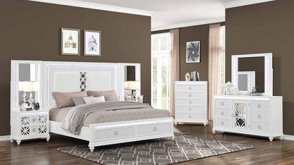 Abigale White room scene with storage bed, dresser, dresser mirror, chest and two standing-mirror nightstand tops; the right nightstand base is mostly obscured. Photographed bed size is not verified.