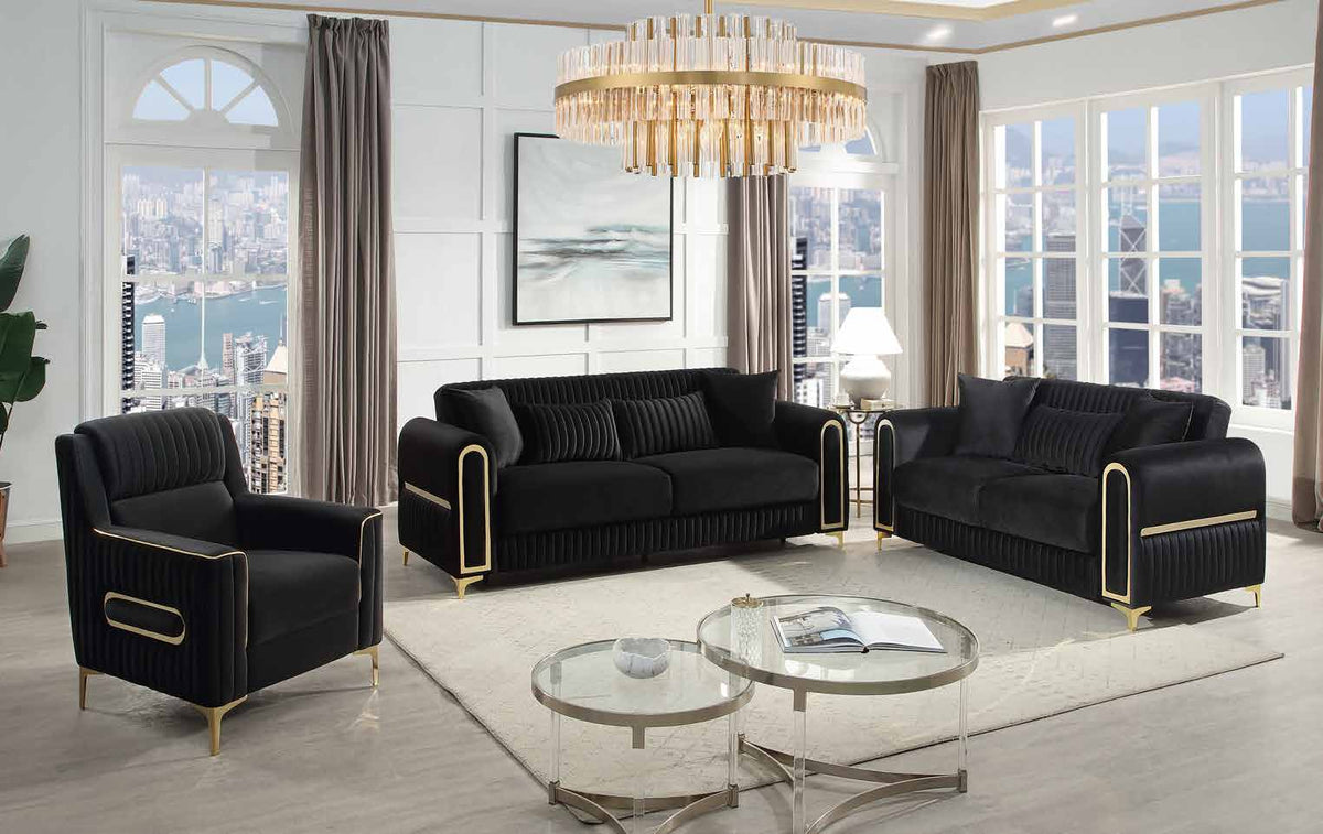 Ruby Black collection room scene showing the chair at left, sofa at center and loveseat at right, with other room furniture and decorative accessories.