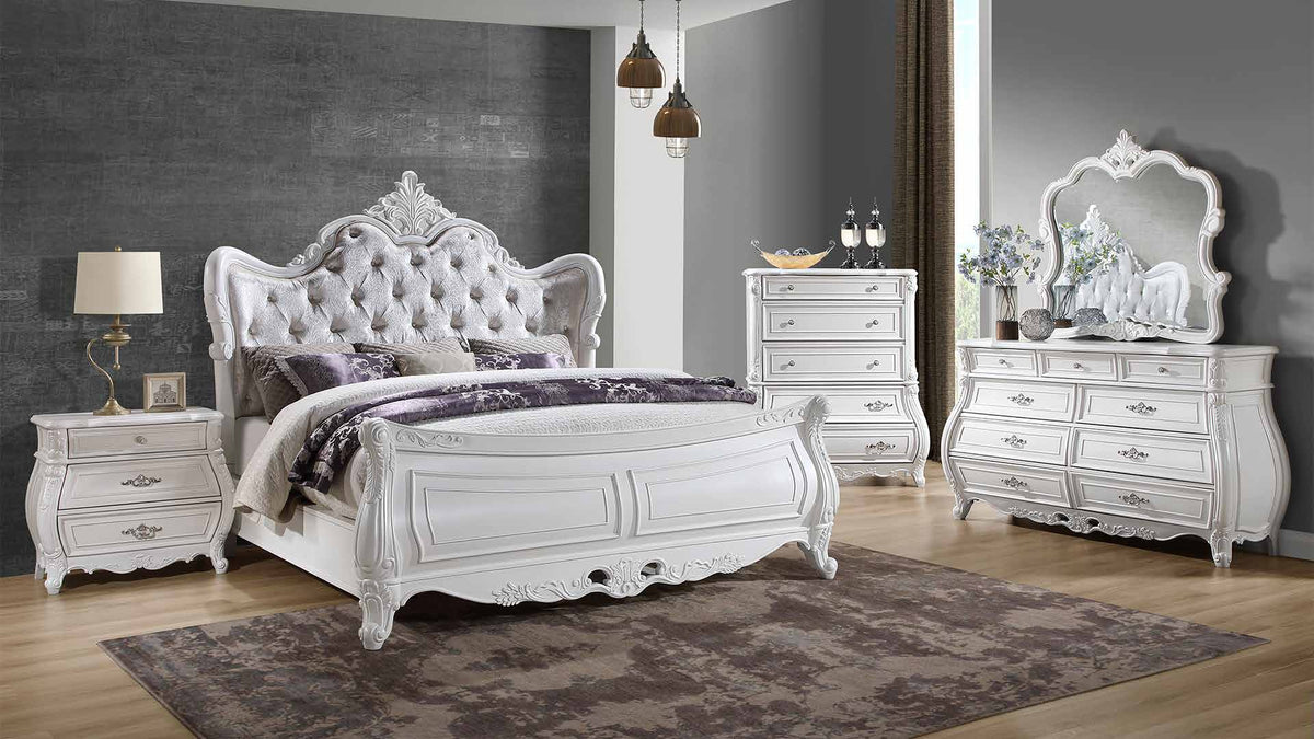 Opulence White room scene with bed, dresser, dresser mirror, chest and one nightstand. Photographed bed size is not verified.