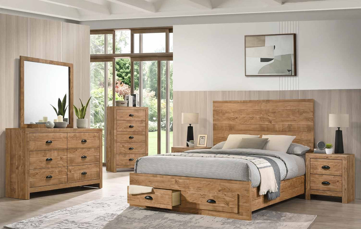 Montana Natural room scene with storage bed, dresser, dresser mirror, chest and two nightstands, with the left nightstand partly obscured. Photographed bed size is not verified.