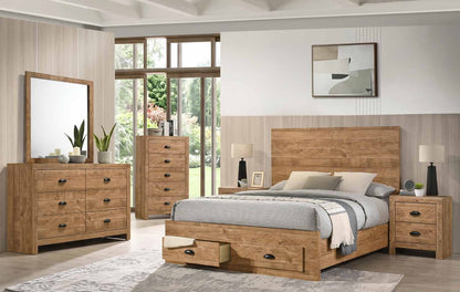 Montana Natural room scene with storage bed, dresser, dresser mirror, chest and two nightstands, with the left nightstand partly obscured. Photographed bed size is not verified.