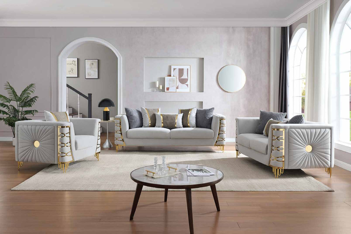 Contessa Gray collection room scene showing the chair at left, sofa at center and loveseat at right, with other room furniture and decorative accessories.